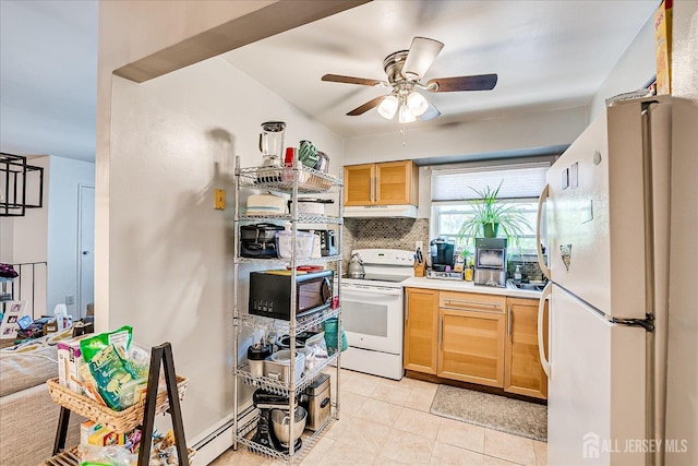 521 Andria Ave Unit 202, Hillsborough, NJ 08844 - kitchen with white appliances, under cabinet range hood, backsplash, ceiling fan, and light tile patterned flooring