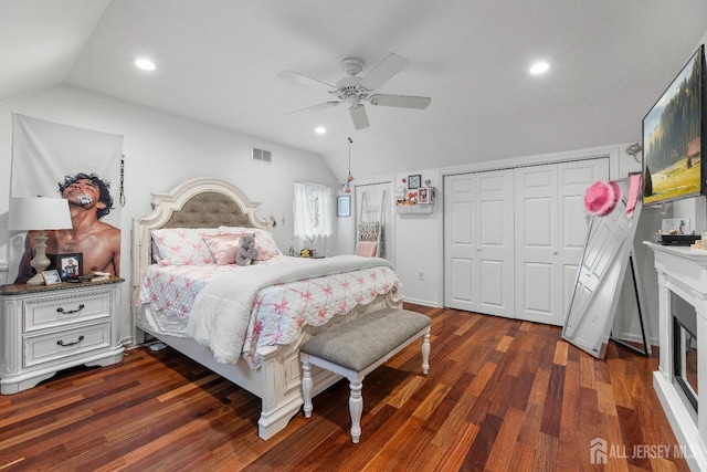 445 Grace Hill Rd, Monroe, NJ 08831 - bedroom featuring recessed lighting, a ceiling fan, dark wood-type flooring, visible vents, and lofted ceiling