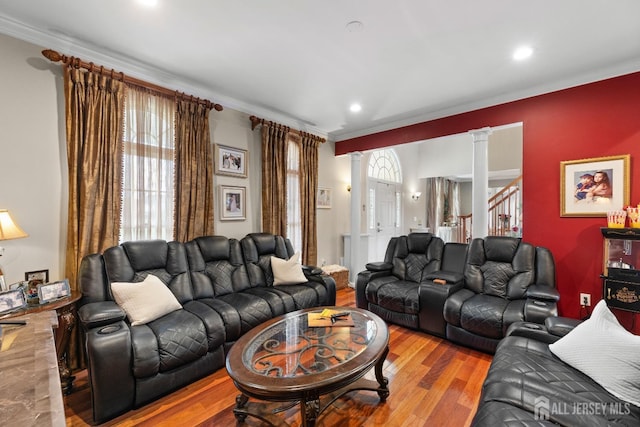 445 Grace Hill Rd, Monroe, NJ 08831 - living room with crown molding, wood finished floors, and recessed lighting