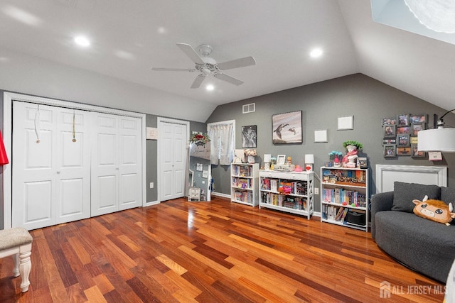 445 Grace Hill Rd, Monroe, NJ 08831 - interior space featuring vaulted ceiling, recessed lighting, visible vents, ceiling fan, and wood finished floors