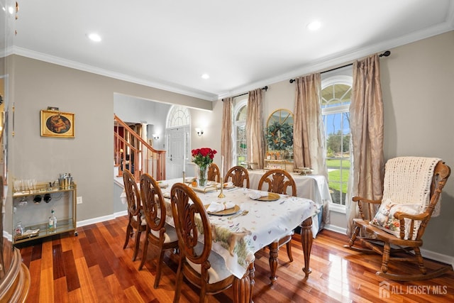 445 Grace Hill Rd, Monroe, NJ 08831 - dining space with crown molding, recessed lighting, wood finished floors, and stairs