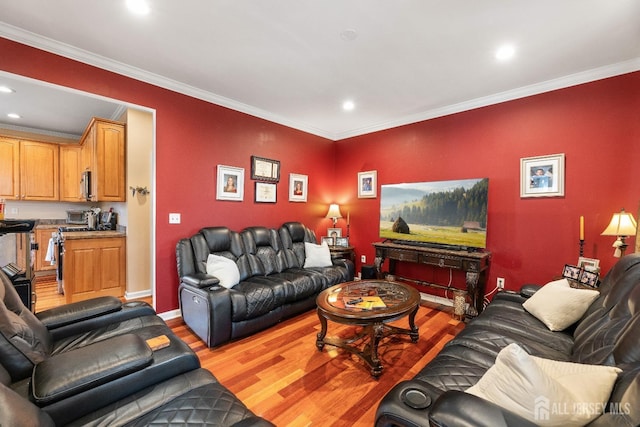 445 Grace Hill Rd, Monroe, NJ 08831 - living room featuring light wood-style floors, ornamental molding, and recessed lighting