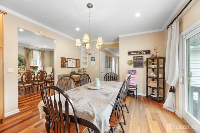 445 Grace Hill Rd, Monroe, NJ 08831 - dining area featuring light wood finished floors, baseboards, an inviting chandelier, recessed lighting, and ornamental molding