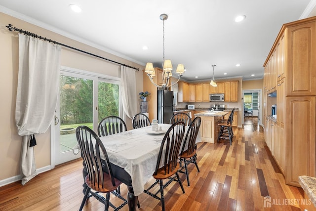 445 Grace Hill Rd, Monroe, NJ 08831 - dining room with an inviting chandelier, crown molding, light wood finished floors, and recessed lighting