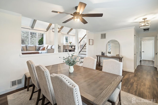 1 York St, Old Bridge, NJ 08857 - dining room featuring stairs, baseboards, ceiling fan, wood finished floors, and crown molding