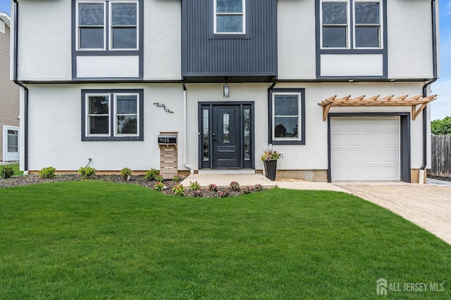 35 Glenville Rd, Edison, NJ 08817 - view of front facade featuring driveway, a garage, a front lawn, and stucco siding