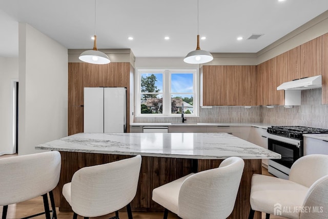 35 Glenville Rd, Edison, NJ 08817 - kitchen with stainless steel range with gas stovetop, under cabinet range hood, modern cabinets, freestanding refrigerator, and decorative backsplash