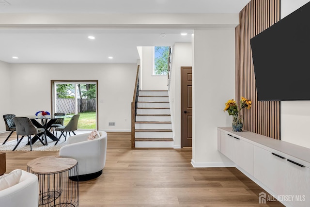 35 Glenville Rd, Edison, NJ 08817 - living area with stairs, light wood-type flooring, and recessed lighting