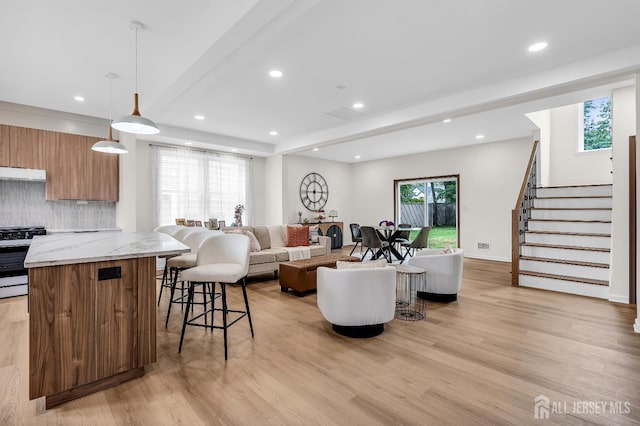 35 Glenville Rd, Edison, NJ 08817 - living room with light wood-style floors, recessed lighting, stairway, and beamed ceiling