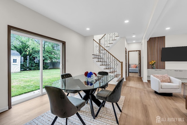 35 Glenville Rd, Edison, NJ 08817 - dining area featuring light wood finished floors, stairs, and recessed lighting
