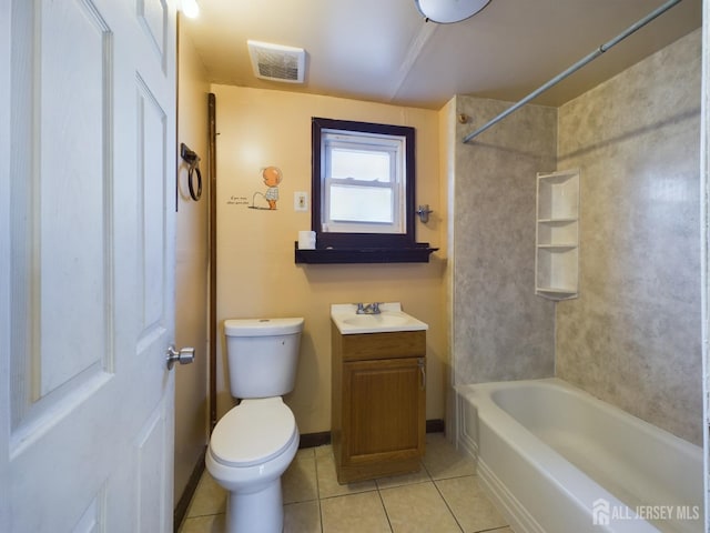 full bathroom featuring tile patterned floors, vanity, tiled shower / bath combo, and toilet