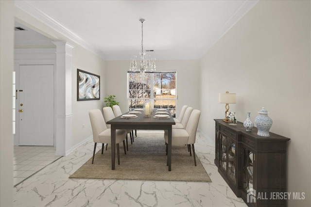 dining area featuring marble finish floor, visible vents, ornamental molding, a chandelier, and baseboards