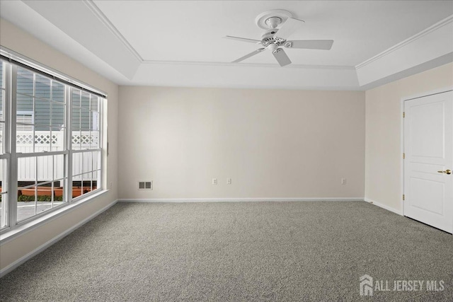 spare room featuring a raised ceiling, crown molding, carpet flooring, and ceiling fan