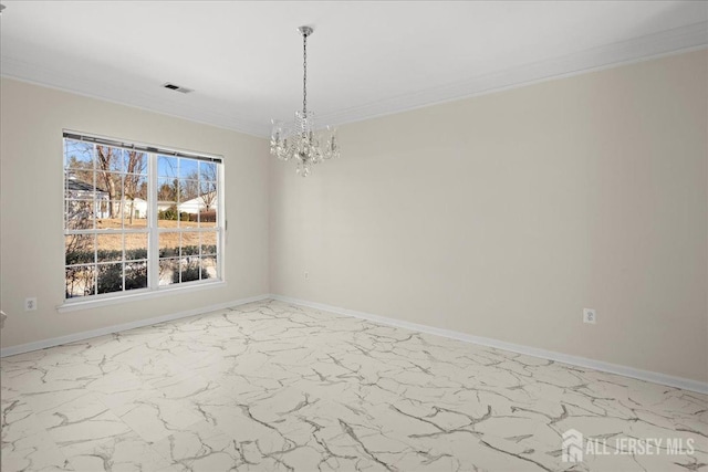 unfurnished dining area featuring marble finish floor, ornamental molding, an inviting chandelier, and baseboards