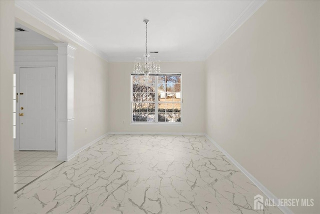 unfurnished dining area featuring crown molding and a notable chandelier