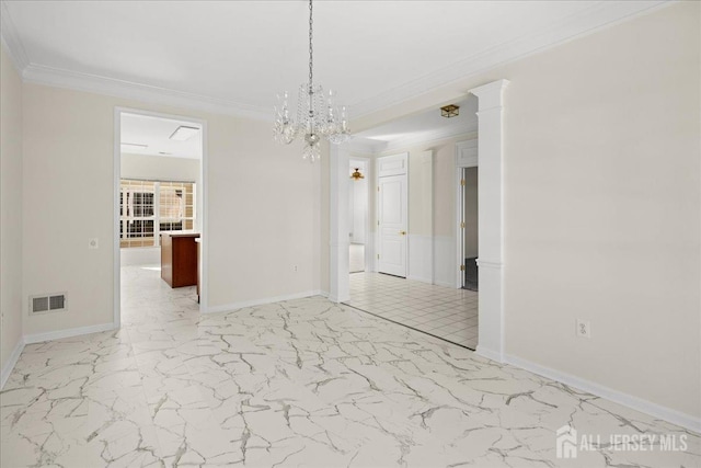 interior space featuring ornamental molding, marble finish floor, visible vents, and baseboards