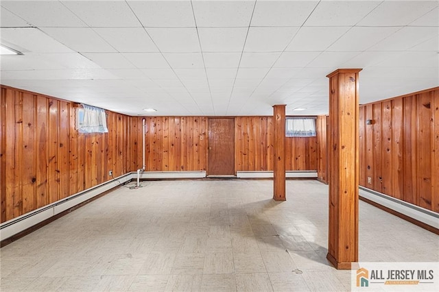 basement featuring wooden walls