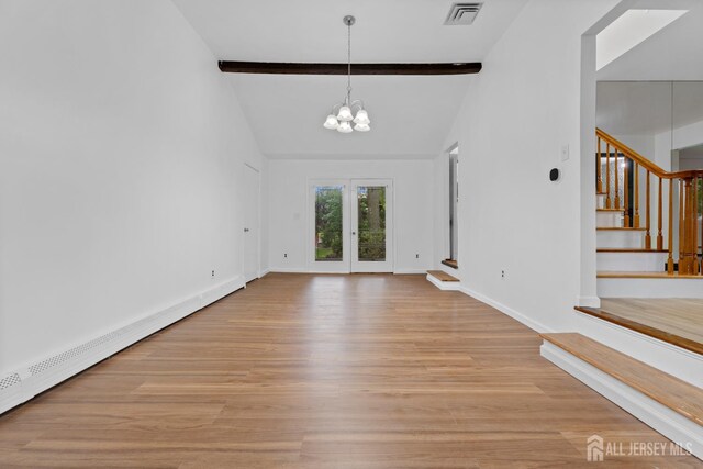 40 Montclair Ave, Edison, NJ 08820 - unfurnished dining area featuring stairs, baseboard heating, a chandelier, light wood-style floors, and baseboards