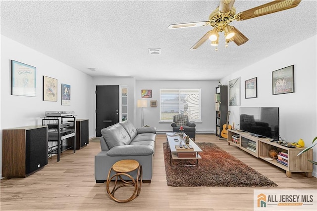 21 Celtis Plz Unit 21B, Monroe, NJ 08831 - living area featuring wood finished floors, a ceiling fan, a textured ceiling, and baseboard heating