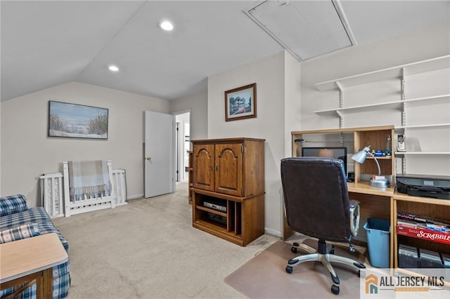 carpeted office with recessed lighting, attic access, baseboards, and vaulted ceiling