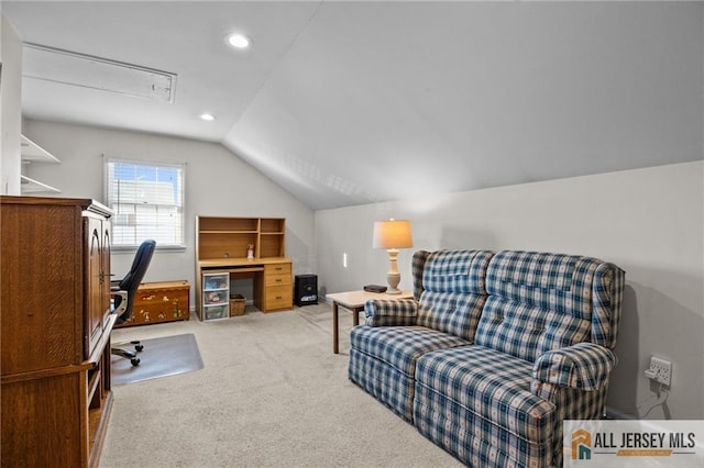 office space featuring lofted ceiling, attic access, recessed lighting, and light carpet