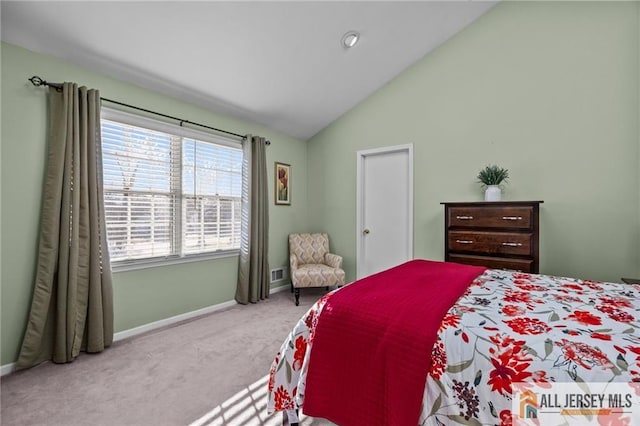 bedroom featuring baseboards, carpet floors, and lofted ceiling