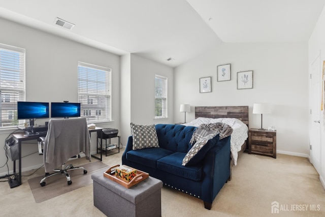 1525 Hudson Cir, Highland Park, NJ 08904 - bedroom with multiple windows, carpet floors, vaulted ceiling, a desk, and baseboards