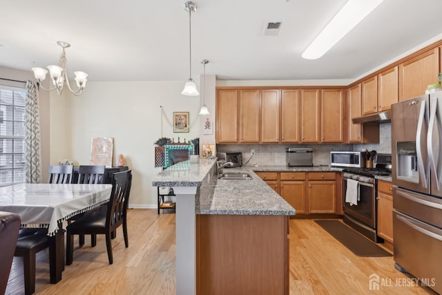 1525 Hudson Cir, Highland Park, NJ 08904 - kitchen with appliances with stainless steel finishes, a peninsula, tasteful backsplash, a chandelier, and light wood-style flooring