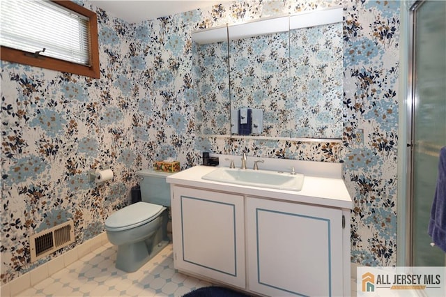 12 Tompkins Rd, East Brunswick, NJ 08816 - bathroom featuring vanity, wallpapered walls, and a shower stall