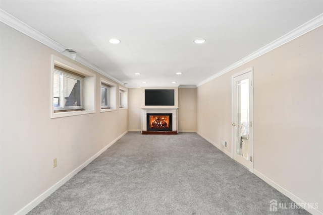 7 Arthurs Ct, Manalapan, NJ 07726 - unfurnished living room with a lit fireplace, ornamental molding, baseboards, recessed lighting, and carpet flooring