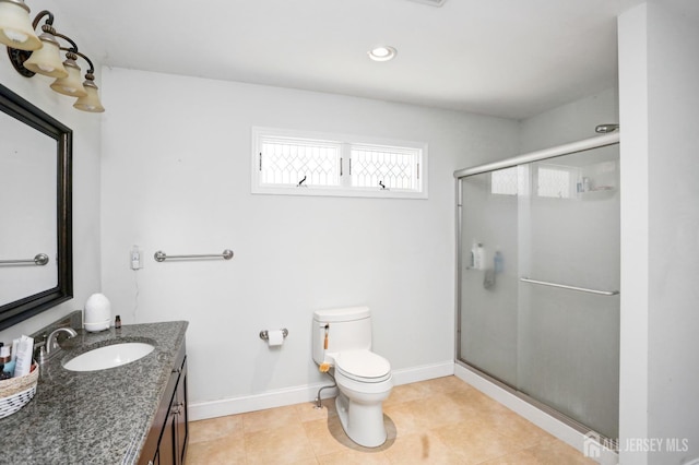 7 Arthurs Ct, Manalapan, NJ 07726 - full bath featuring a stall shower, toilet, vanity, baseboards, and recessed lighting