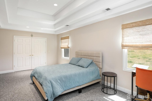 7 Arthurs Ct, Manalapan, NJ 07726 - bedroom featuring carpet flooring, a tray ceiling, recessed lighting, baseboards, and a closet