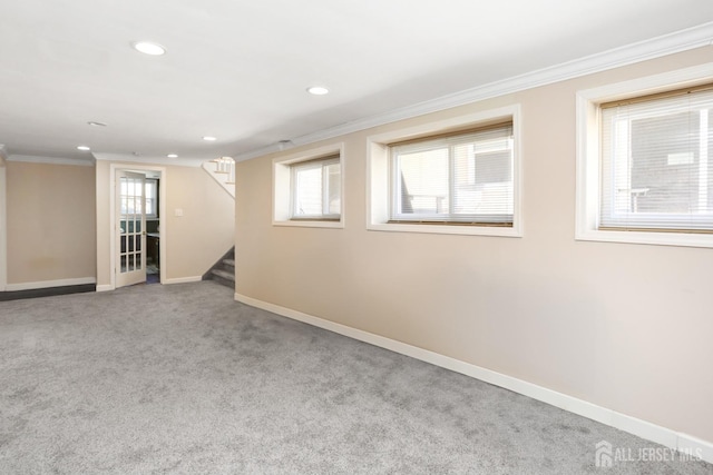 7 Arthurs Ct, Manalapan, NJ 07726 - carpeted spare room with crown molding, baseboards, healthy amount of natural light, stairway, and recessed lighting