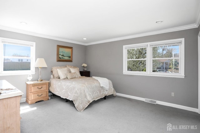 7 Arthurs Ct, Manalapan, NJ 07726 - bedroom with baseboards, ornamental molding, multiple windows, light colored carpet, and recessed lighting