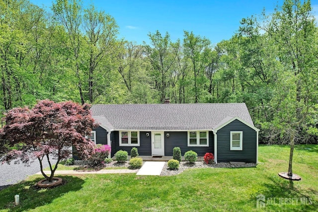 15 Federal Rd, Monroe, NJ 08831 - ranch-style house with a front yard, a shingled roof, and a chimney