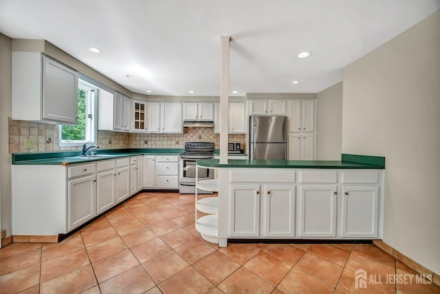 15 Federal Rd, Monroe, NJ 08831 - kitchen featuring stainless steel appliances, dark countertops, tasteful backsplash, a sink, and under cabinet range hood