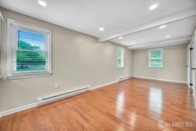 15 Federal Rd, Monroe, NJ 08831 - unfurnished room featuring baseboard heating, baseboards, light wood finished floors, recessed lighting, and beam ceiling