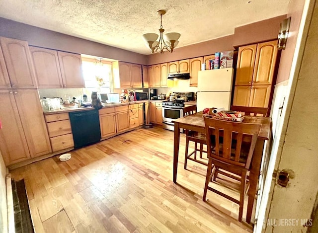 kitchen featuring light wood-style floors, dishwasher, gas range, freestanding refrigerator, and under cabinet range hood