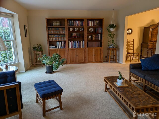 interior space featuring light colored carpet