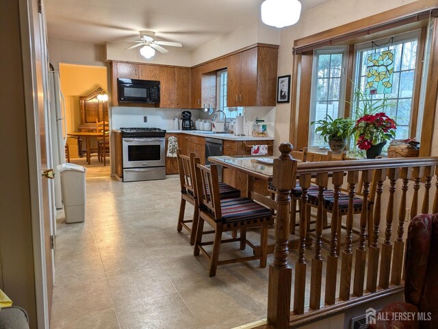 kitchen featuring ceiling fan, appliances with stainless steel finishes, and sink