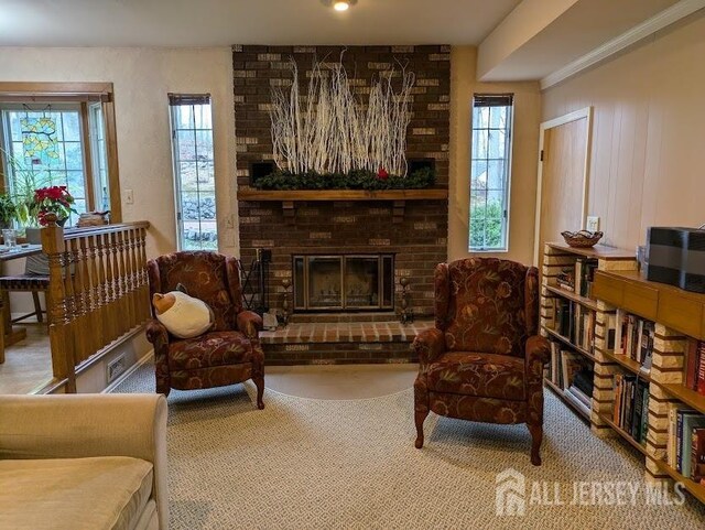 sitting room featuring carpet and a fireplace