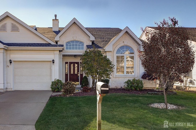 view of front facade featuring a garage and a front lawn