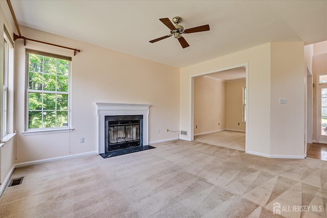 2 Durham Way E, Windsor, NJ 08520 - unfurnished living room featuring ceiling fan, carpet, and a fireplace with flush hearth