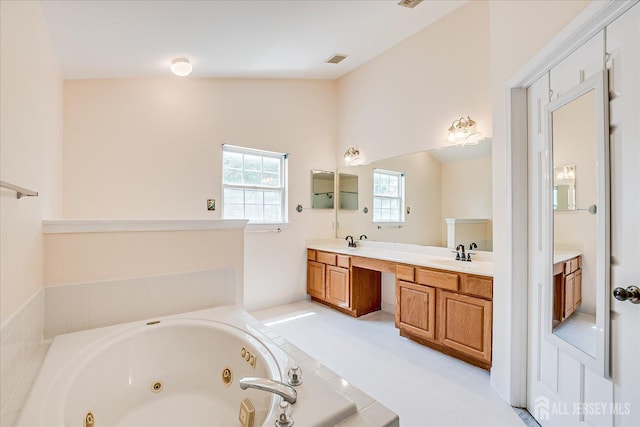 2 Durham Way E, Windsor, NJ 08520 - full bathroom with double vanity, a whirlpool tub, and lofted ceiling