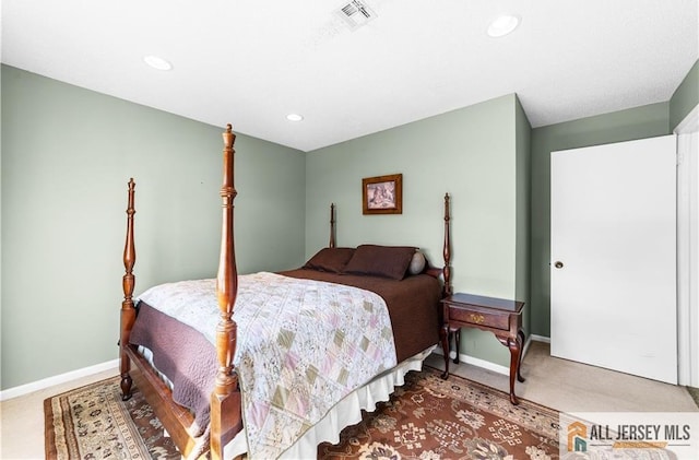 bedroom with carpet, baseboards, and recessed lighting