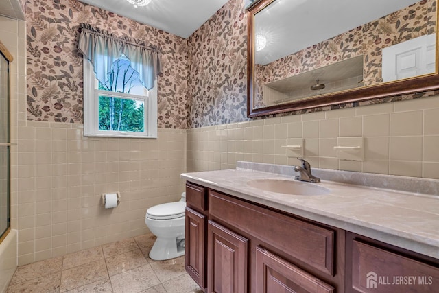 21 Shadyside Ct, Branchburg, NJ 08876 - bathroom with tile walls, wallpapered walls, vanity, wainscoting, and enclosed tub / shower combo