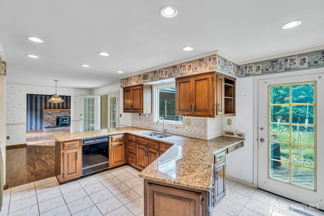 21 Shadyside Ct, Branchburg, NJ 08876 - kitchen featuring a peninsula, black dishwasher, light marble finish flooring, brown cabinets, and wallpapered walls
