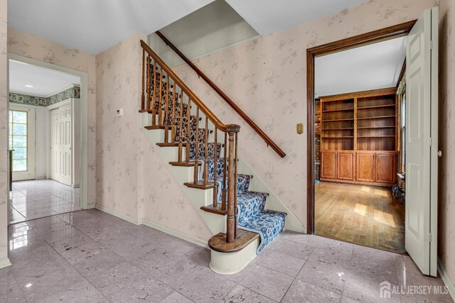 21 Shadyside Ct, Branchburg, NJ 08876 - stairway with wallpapered walls and baseboards