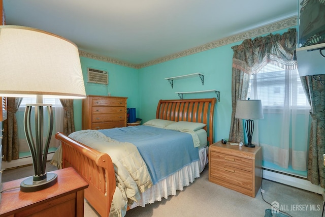 58 Hudson St, Menlo Park Terrace, NJ 08840 - bedroom featuring a wall mounted air conditioner, a baseboard heating unit, and light carpet