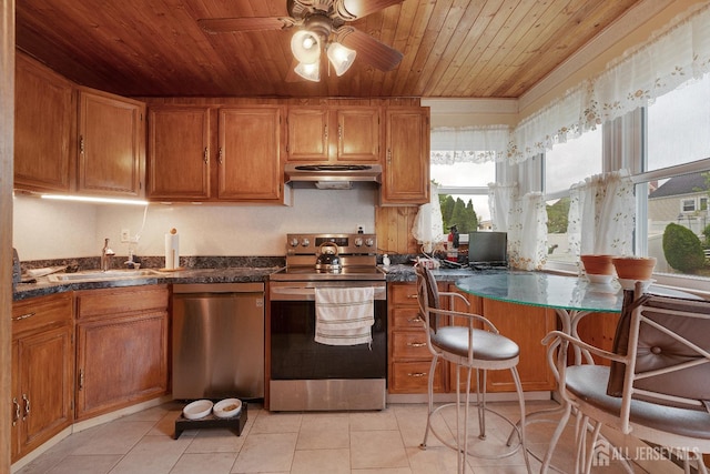 58 Hudson St, Menlo Park Terrace, NJ 08840 - kitchen featuring stainless steel appliances, wood ceiling, exhaust hood, brown cabinets, and dark countertops